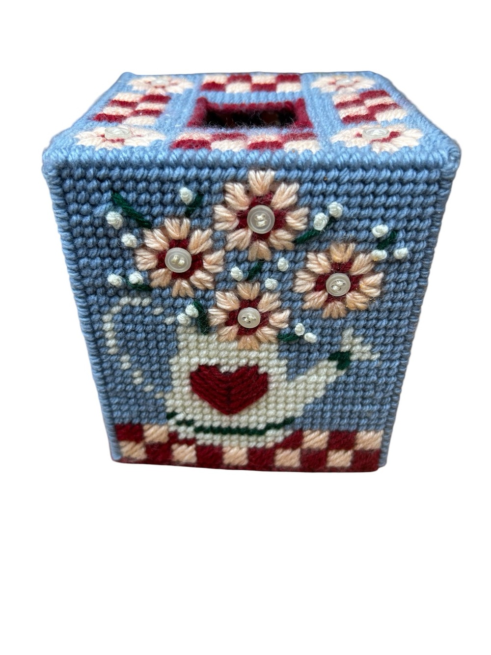 Vintage Needlepoint Plastic Canvas Tissue Box Cover Teapot Hearts Buttons